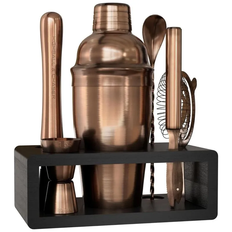Highball Chaser Kit Bn Profissional 6 Peças Em Aço Inoxidável Com Suporte De Madeira, Cobre Antigo