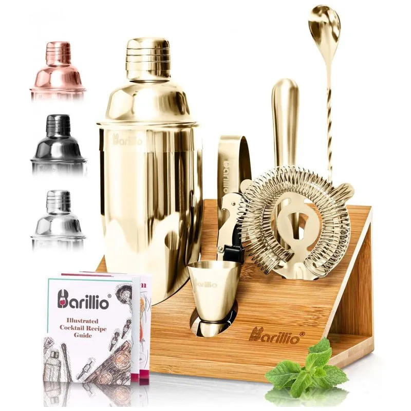 Kit Bn Profissional 7 Pecas Em Aco Inoxidavel Com Suporte De Bambu, Barillio, Dourado