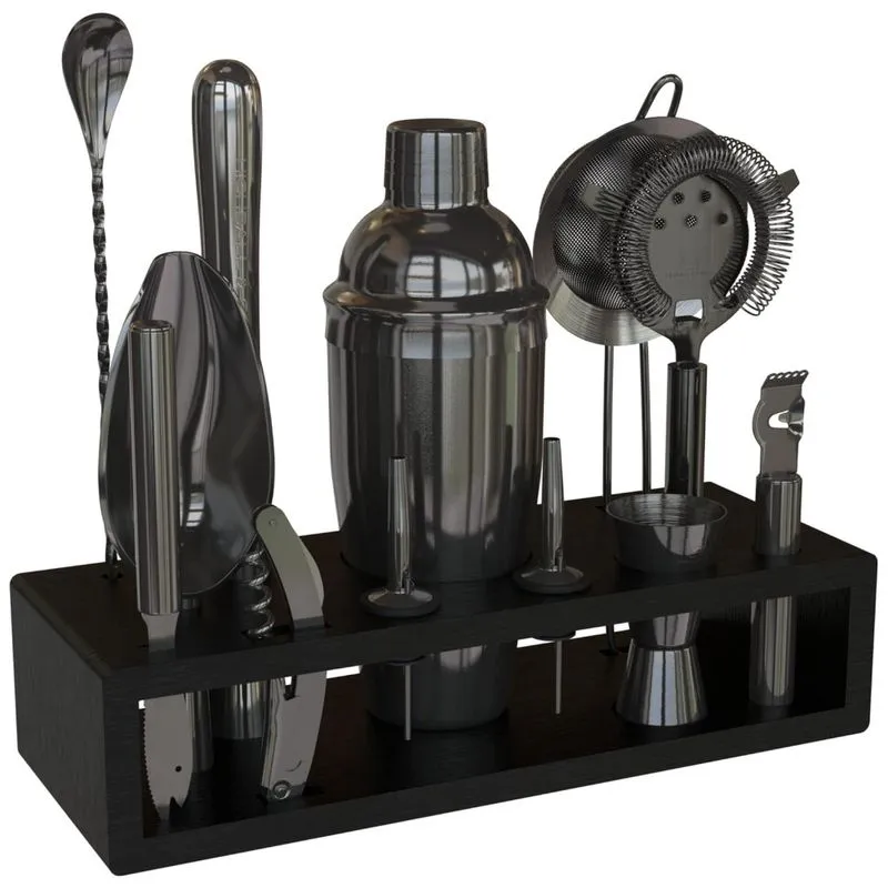 Highball Chaser Kit Bn Profissional 13 Peças Em Aço Inoxidável Com Suporte De Bambu E Livro De Receitas, Preto