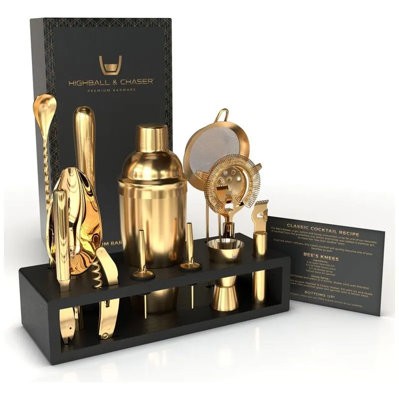 Kit Coqueteleira Profissional Com 11 Peças Em Aço Inoxidável Com Suporte De Bambu E Livro De Receitas, Highball Chaser, Dourado