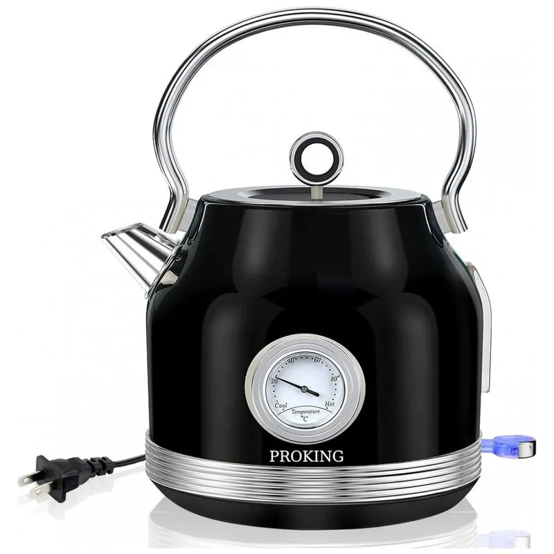 Retro Chaleira Eletrica 1.7l Em Aco Inoxidavel Com Desligamento Automatico E Termometro Embutido, 110v, Proking K15t Black, Preto