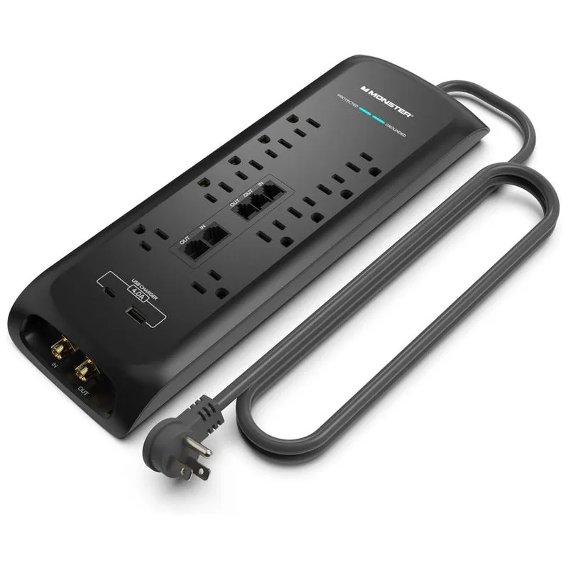 Protetor Contra Picos De Energia E Raios Para Eletrodomésticos Com 10 Portas Ca E 1 Usb 1c, 110v, Monster 5006, Preto