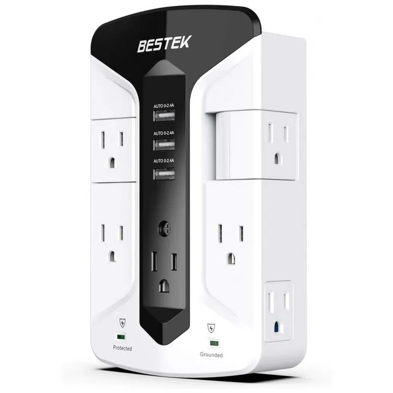 Protetor Contra Picos De Energia 900 Watts Com 7 Portas Ca Giratorias E 3 Usb, 110v, Bestek Gg143, Branco