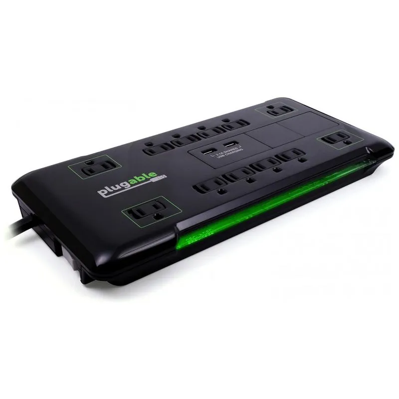 Protetor Contra Picos De Energia E Raios Com 12 Portas Ca E 2 Usb, 110v, Plugable Ps12 Usb2b, Preto