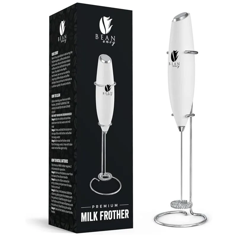 Bean Envy Espumador Elétrico De Leite Em Aço Inoxidável A Bateria Com Suporte, Branco