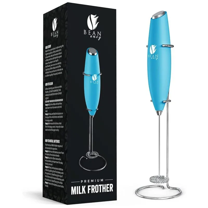 Espumador Elétrico De Leite Em Aço Inoxidável A Bateria Com Suporte, Bean Envy, Azul