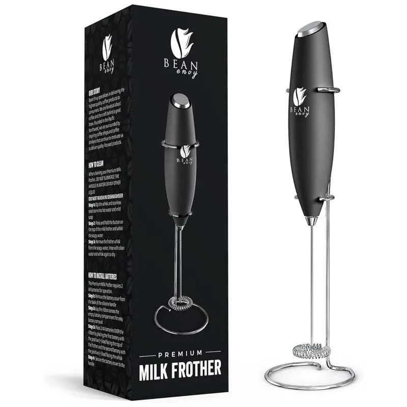 Espumador Elétrico De Leite Em Aço Inoxidável A Bateria Com Suporte, Bean Envy Bk1, Preto