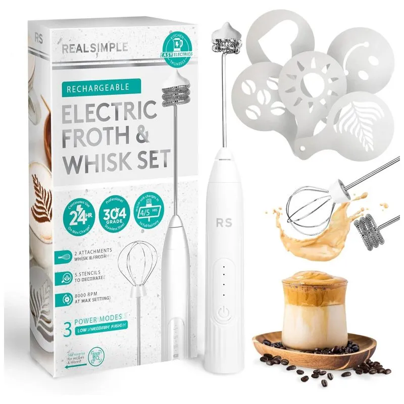 Espumador Eletrico De Leite Em Aco Inoxidavel, Recarregavel Usb, Real Simple Ke0006, Branco