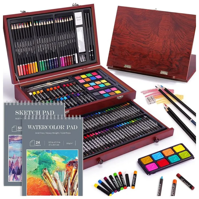 Kit Lápis De Cor Profissional Tiny Castle Com Maleta De Madeira 146 Peças Tintas Acrílicas, Aquarela, Marrom