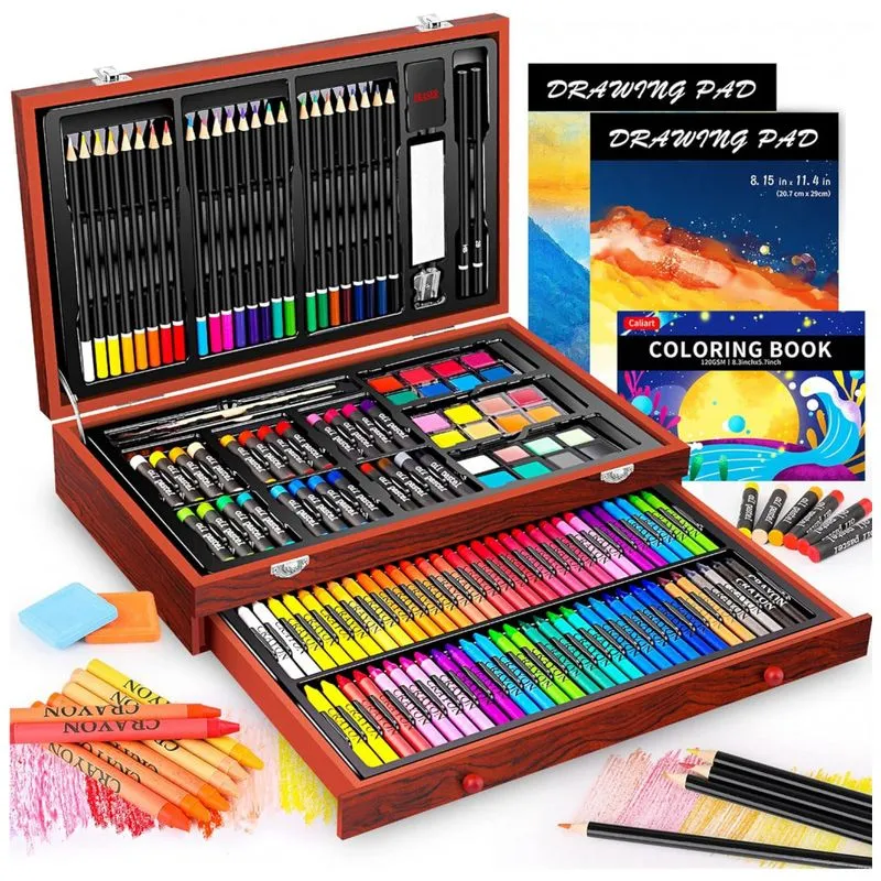 Art Supplies Kit Lapis De Cor Profissional Com Maleta De Madeira 153 Pecas Tintas Acrilicas, Aquarela, Caliart, Marrom
