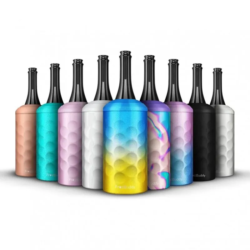 Porta Garrafa Térmico Para Vinho Frost Buddy Em Aço Inoxidável Com Isolamento A Vácuo, Cor Azul E Amarelo