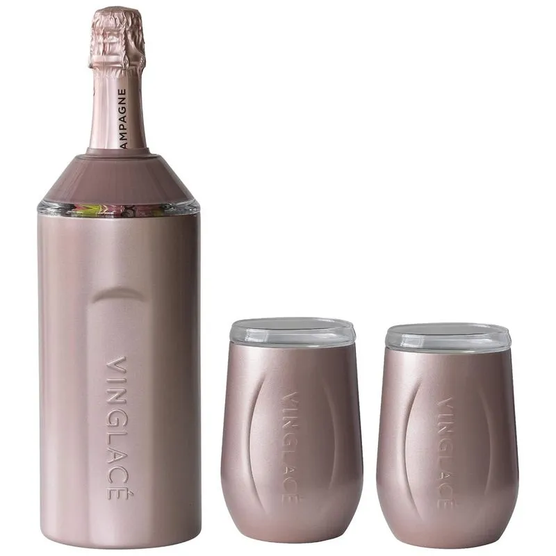 Porta Garrafa Térmico Para Vinho É Em Aço Inoxidável Com 2 Copos, Cor Gold, Vinglacé, Rosa
