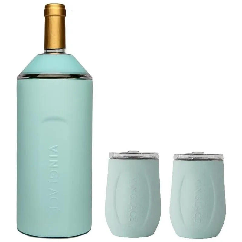 Porta Garrafa Térmico Para Vinho É Em Aço Inoxidável Com 2 Copos, Cor, Vinglacé, Azul