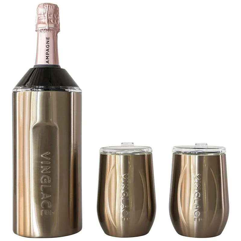 Porta Garrafa Térmico Para Vinho É Em Aço Inoxidável Com 2 Copos, Cobre, Vinglacé, Dourado