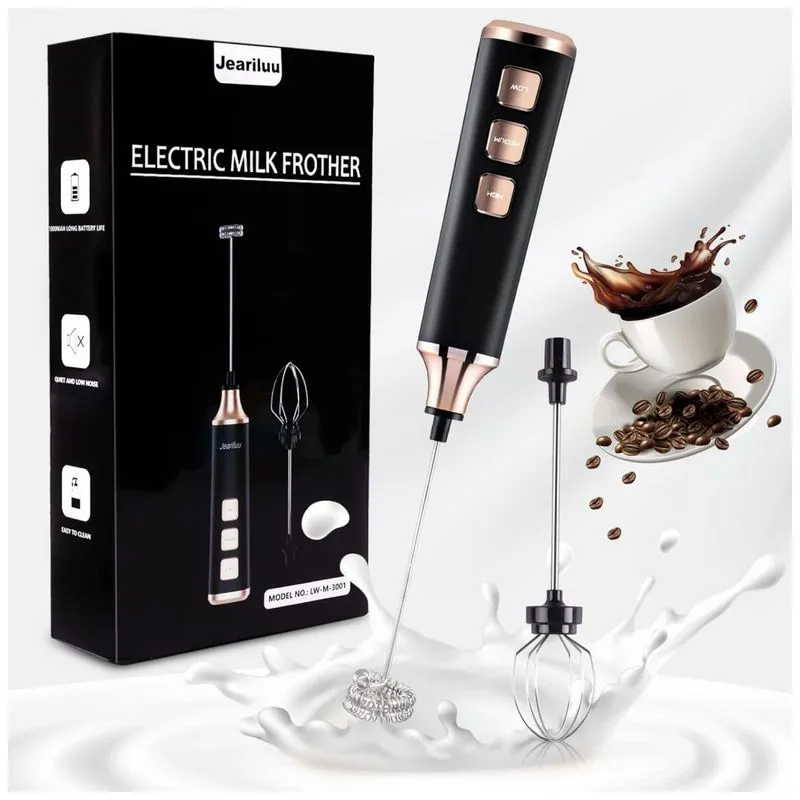 Espumador De Leite Eletrico Com Bateria Recarregavel E 3 Velocidades, Jeariluu L3, Preto