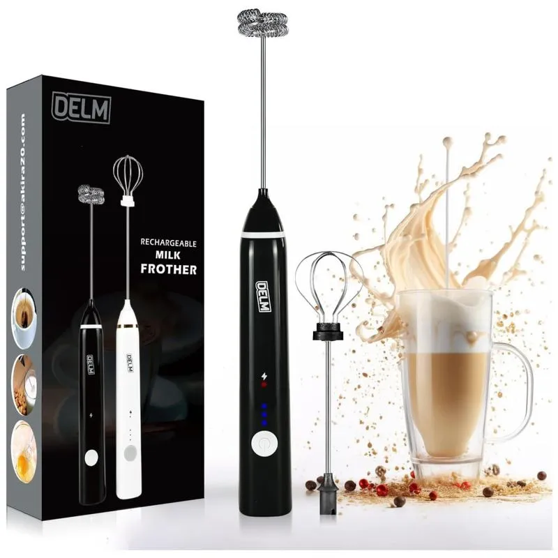 Espumador De Leite Elétrico Com Bateria Recarregável Usb E 3 Velocidades, Delm Black, Preto