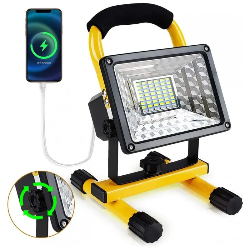 Luz De Trabalho Led Portatil Com Bateria Recarregavel E 2 Portas Usb, A Prova D Ip65, Lanfu, Amarelo
