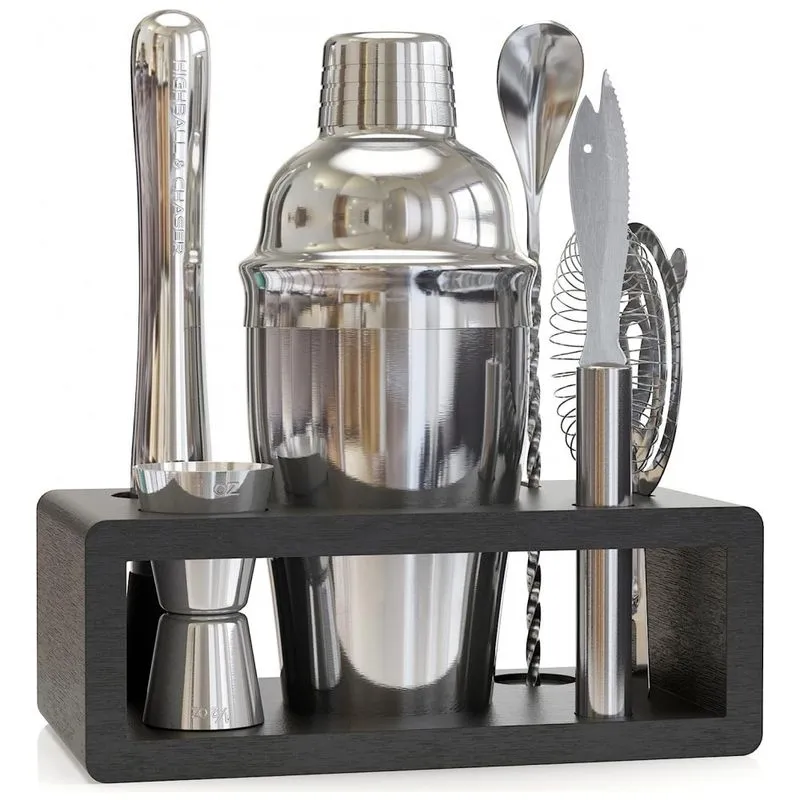 Kit Bn Profissional 6 Pecas Em Aco Inoxidavel Com Suporte De Bambu E Livro De Receitas, Cor, Highball Chaser, Prateado