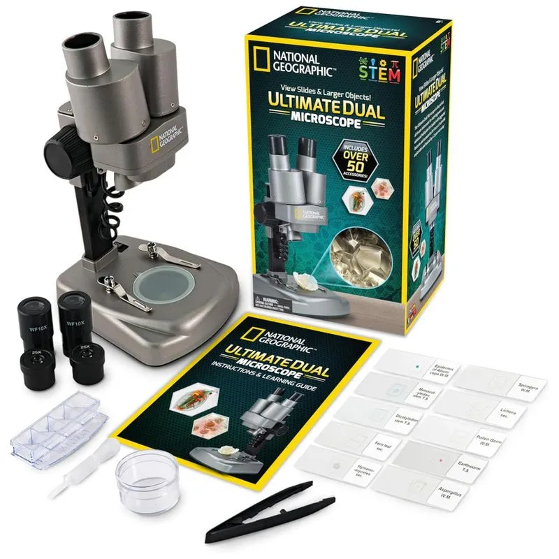 Microscopio Com Led Duplo 3d Com 50 Pecas Para Criancas De 8 Anos Ou Mais, National Geographic, Cinza