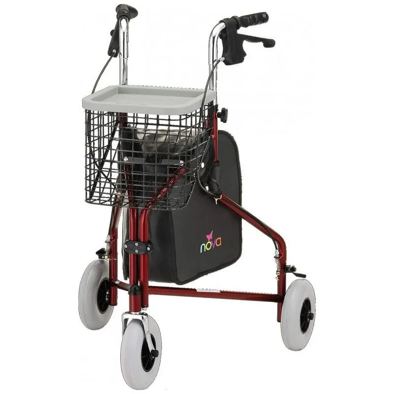 Andador Adulto Idoso 3 Rodas Nova Medical Products Com Bolsa, Suporta Ate 136 Quilos, Vermelho