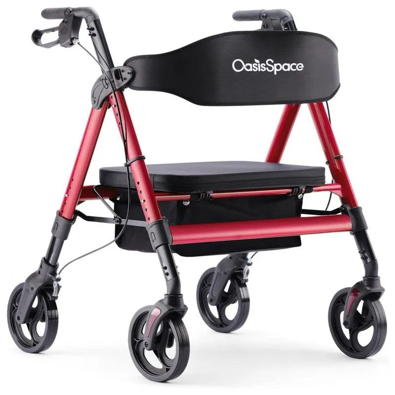 Andador Adulto Idoso Oasisspace Com Assento E Cesto, Suporta Até 200 Quilos, Vermelho