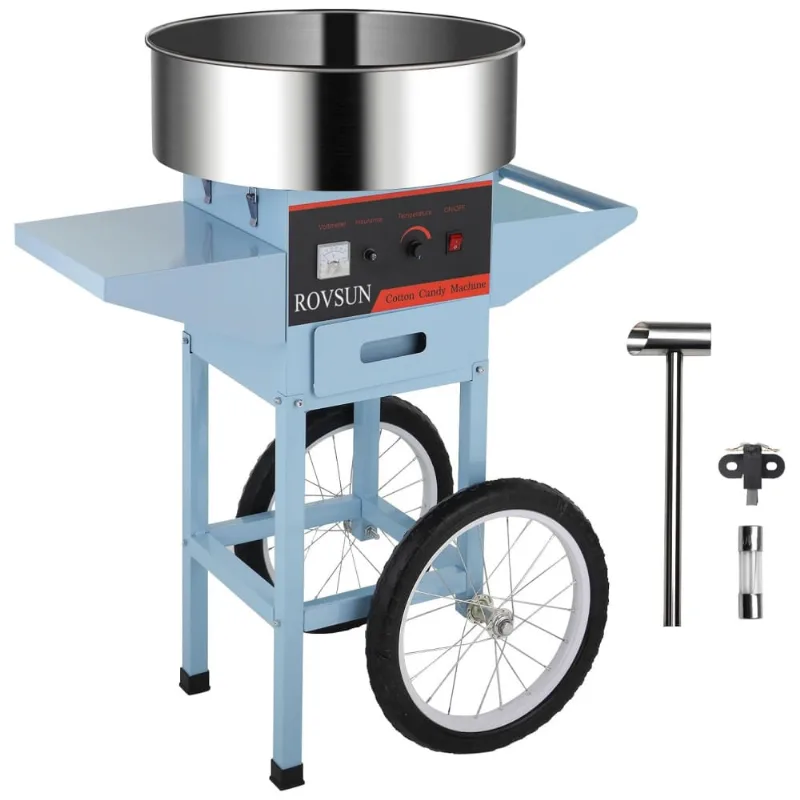 Carrinho De Algodão Doce Elétrico Profissional Em Aço Inoxidável, 110v 950w, Rovsun, Azul Claro