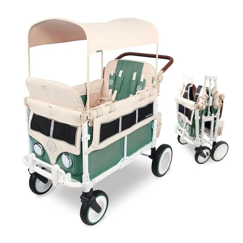Carrinho De Passeio Para 4 Crianças Multifuncional Com Faróis Funcionais E Rodas Retrô, Até 136 Kg, Wonderfold Volkswagen, Verde