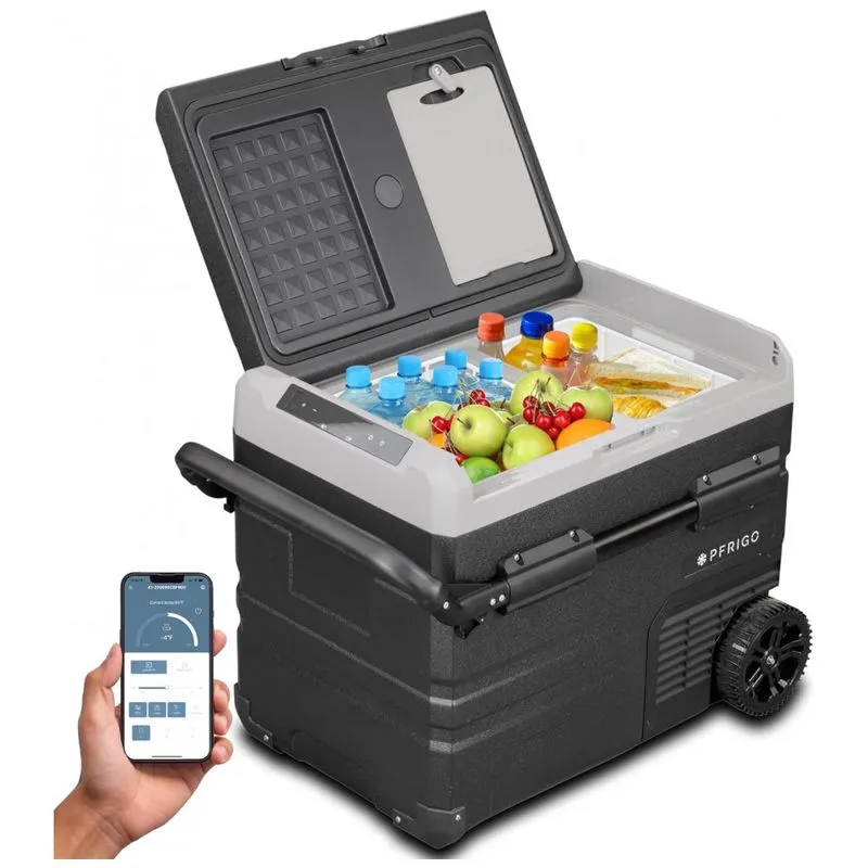 Cooler Eletrico Automotivo Portatil 45 Litros Com Controle Por App, Pfrigo, Preto E Cinza