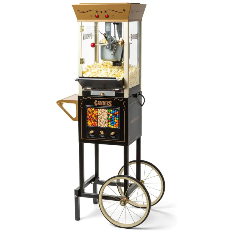 Carrinho De Pipoca Elétrico Produz Até 32 Xícaras Por Vez, 110v, Nostalgia, Preto E Dourado