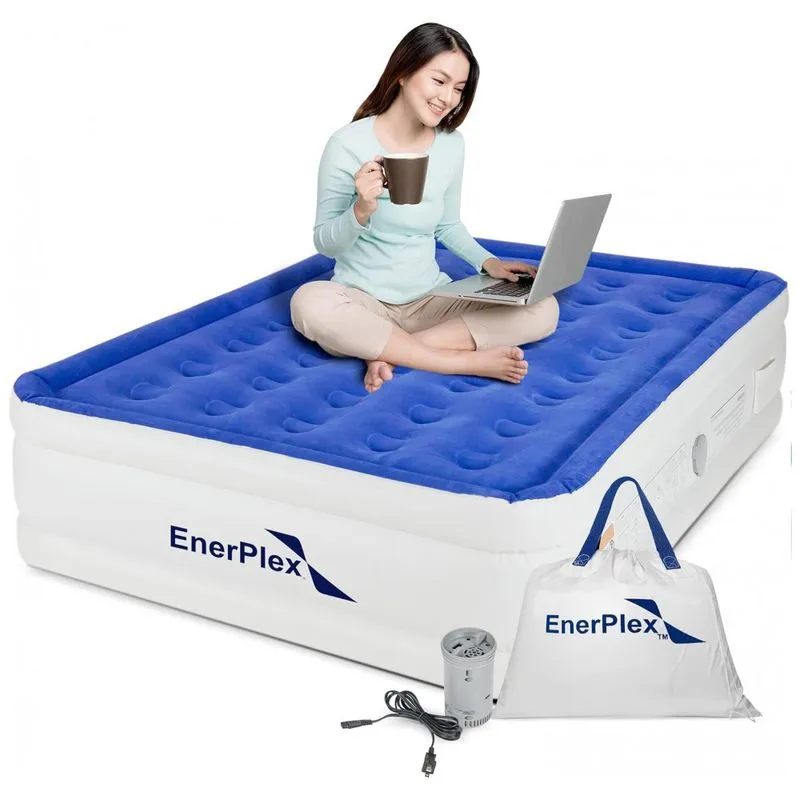 Colchao Inflavel Casal Com Bomba Embutida, Para Ate 300kg, Enerplex, Azul