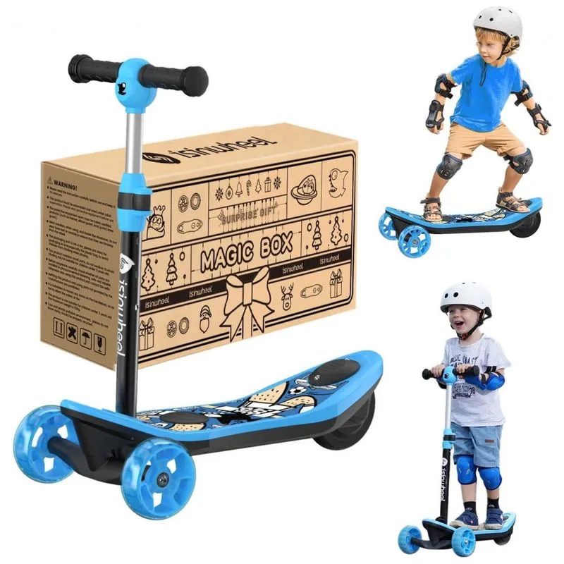 Mini Patinete Eletrico Para Criancas De 3 A 12 Anos Com 3 Rodas E Led, Peso Max 50kg, Isinwheel, Preto E Azul