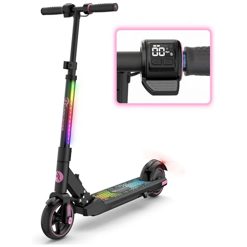 Patinete Eletrico Para Criancas De 6 A 12 Anos Com Display De Led, Peso Max 60kg, Evercross Ev06c, Preto E Rosa