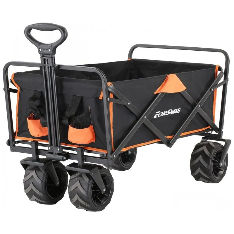 Carrinho Dobrável Para Camping E Jardim Com Rodas Tradicionais Para Todos Os Terrenos, Capacidade 160kg, Echosmile, Preto E Laranja