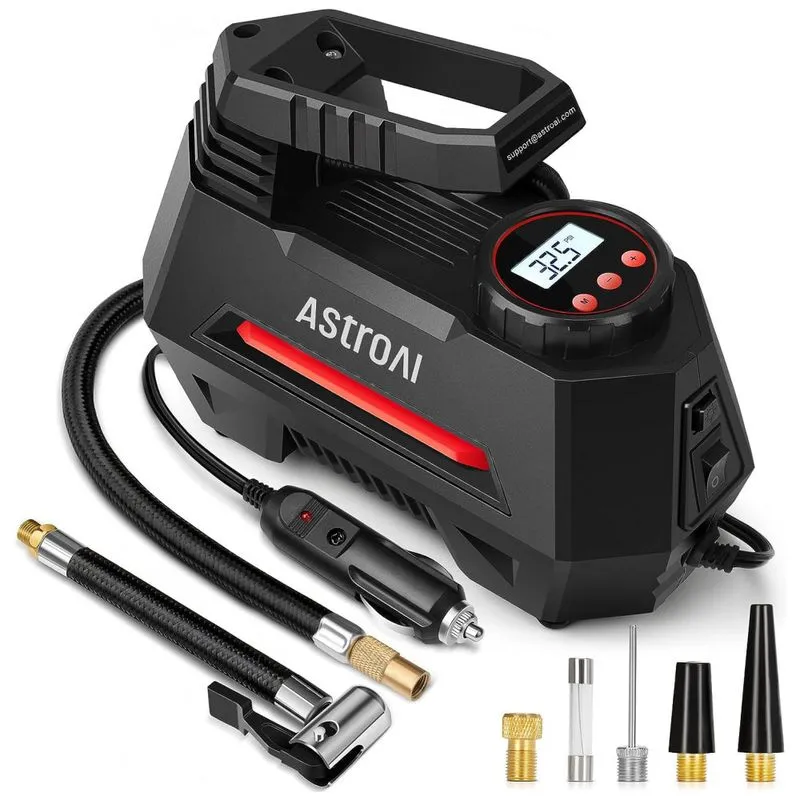 Compressor De Ar Portatil 100 Psi Recarregavel Com Tela Led E Manometro Digital, 12v 120w, Astroai Ac220r, Preto E Vermelho