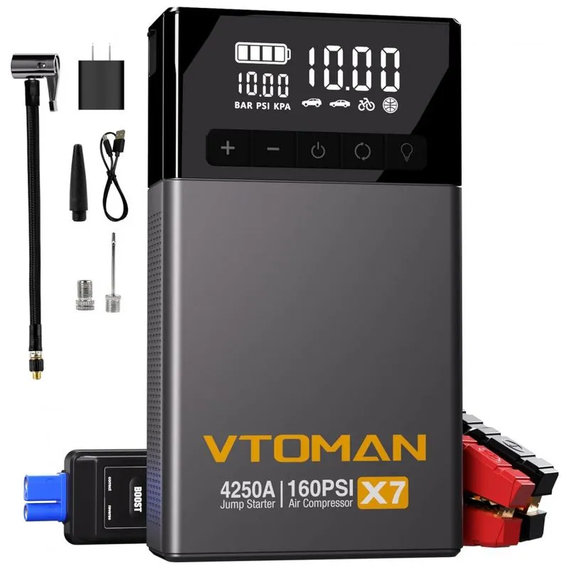 Compressor De Ar Portatil 160 Psi Recarregavel Com Display Inteligente E Acionador De Partida, 12v, Vtoman X7, Cinza