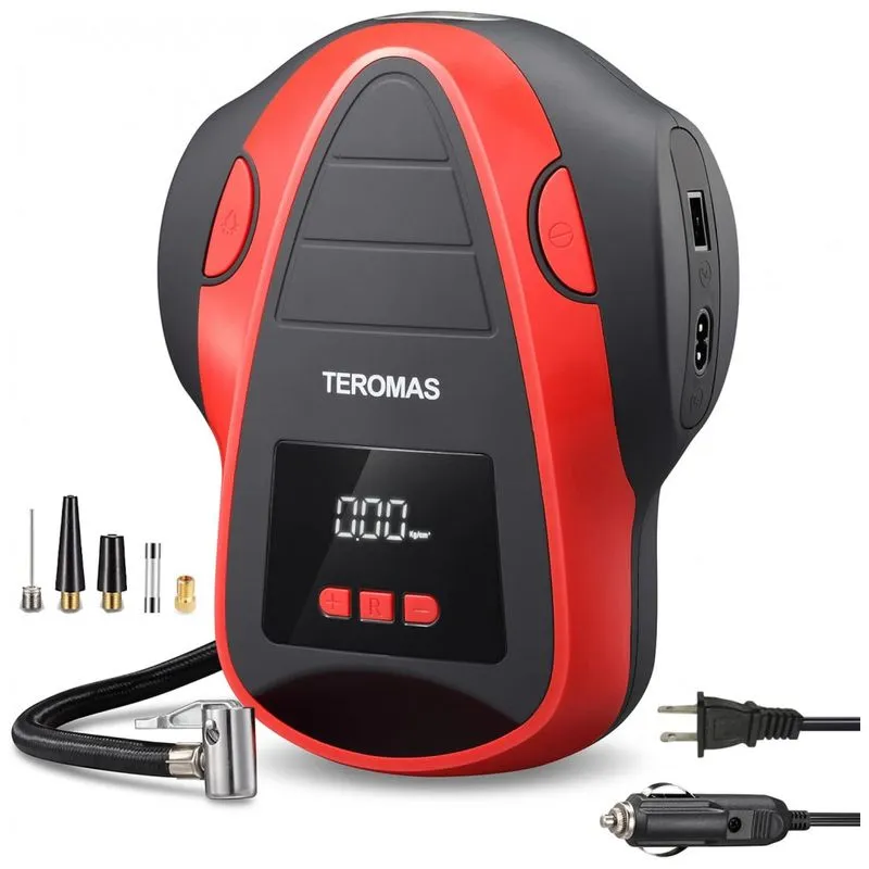 Compressor De Ar Com Fio Portatil 150 Psi Com Tela Led E Manometro, 12v, Teromas, Vermelho