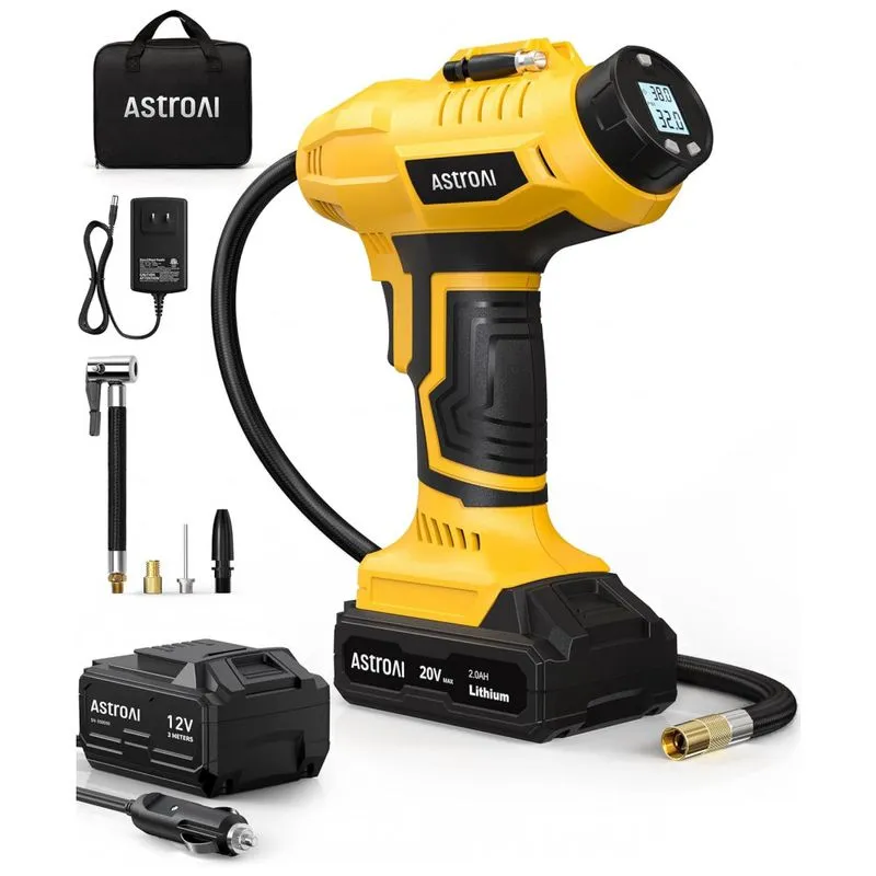 Compressor De Ar Portatil 160 Psi Recarregavel Com Tela Led E Adaptador De Energia, 20v, Astroai, Amarelo