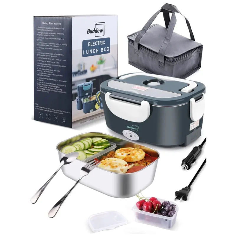 Marmita Elétrica Portátil 3 Em 1 Com Garfo, Colher E Bolsa Para Transporte, 12v Bivolt 80w, Buddew, Branco E Azul