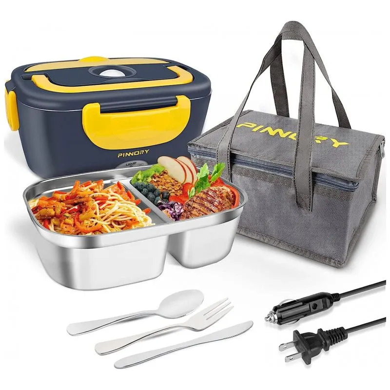 Marmita Eletrica Portatil 1,5l Em Recipiente Aco Inoxidavel Com Garfo, Colher E Bolsa Para Transporte, 12v 110v 60w, Letaaka, Azul E Amarelo