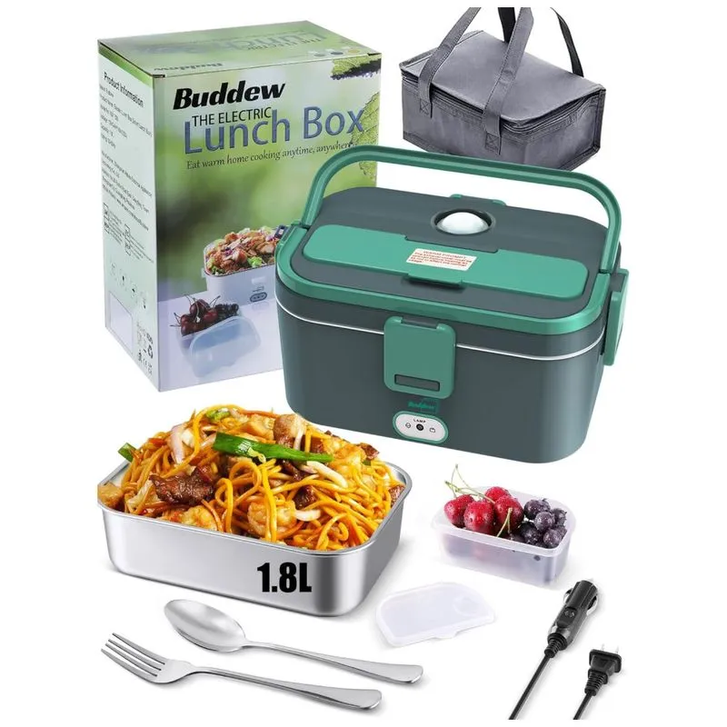 Marmita Elétrica Portátil 1,8l Com Garfo, Colher E Bolsa Para Transporte, 12v Bivolt 70w, Buddew, Verde E Cinza