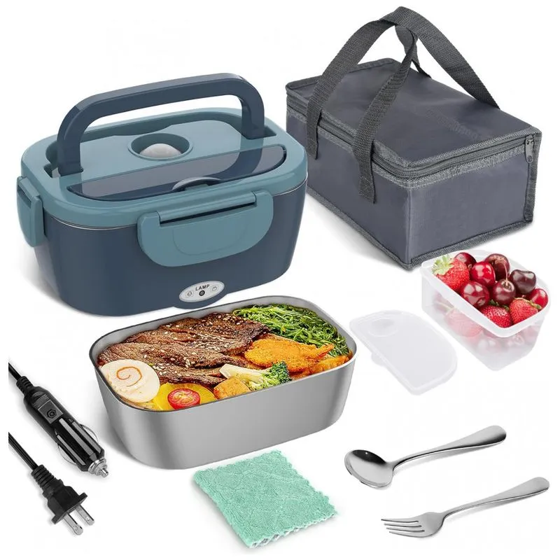 Marmita Eletrica Portatil 1,5l Com Garfo, Colher E Bolsa Para Transporte, 12v 1110v 60w, Vabaso, Azul Escuro