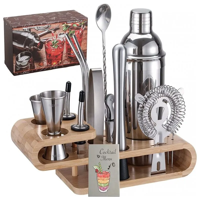 Kit Bartender Profissional 18 Peças Em Aço Inoxidável Com Suporte De Bambu, Tongtaiwqtjq, Prata