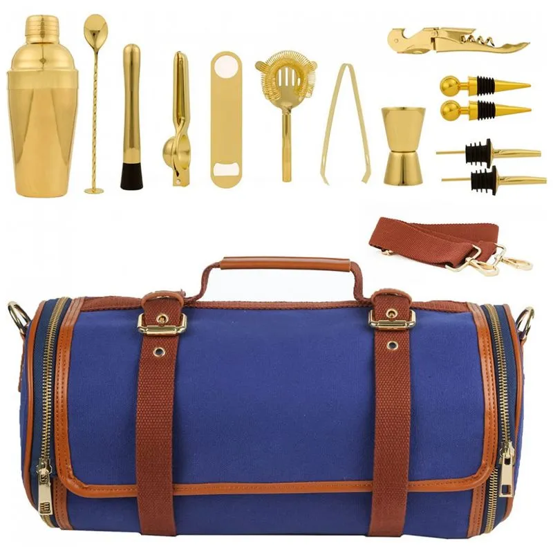 Kit Bartender Profissional 12 Peças Com Estojo Para Zenamento, Discerno, Dourado