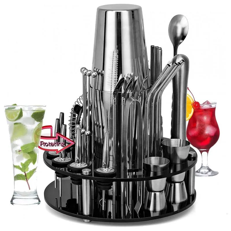 Kit Bartender Profissional 41 Peças Em Aço Inoxidável Com Suporte De Acrílico, Ckductpro, Prata