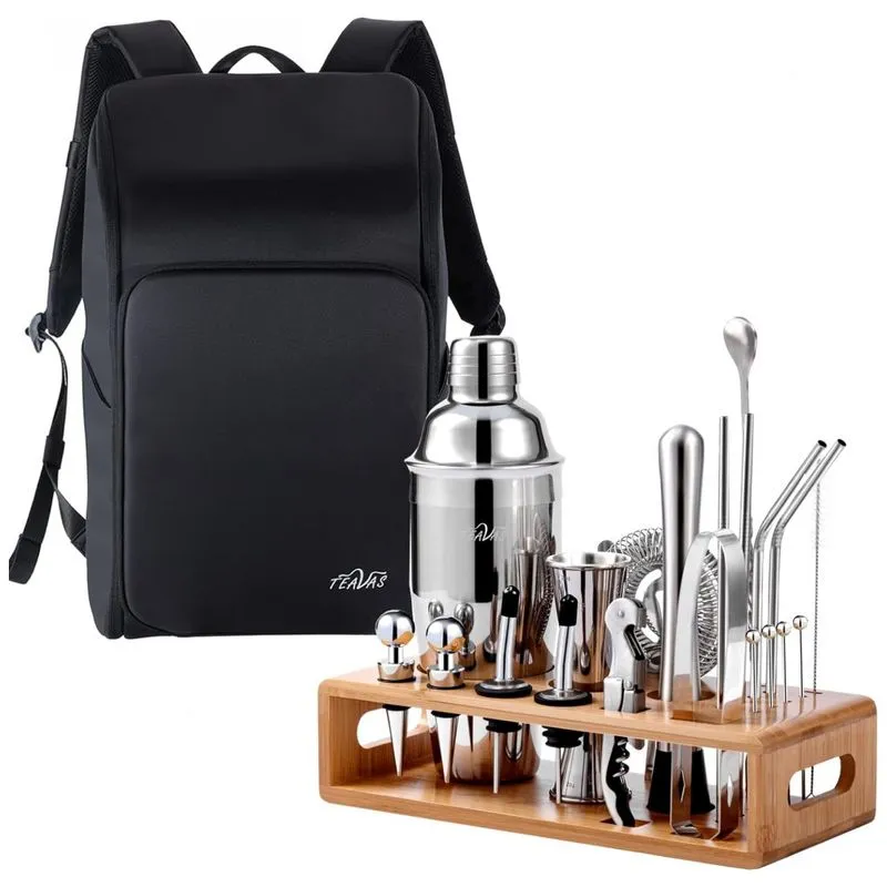 Kit Bartender Profissional 25 Pecas Em Aco Inoxidavel Com Suporte De Bambu E Mochila, Teavas, Prata