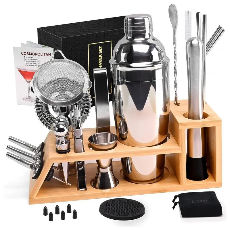 Kit Bartender Profissional 28 Pecas Em Aco Inoxidavel Com Suporte De Bambu E Livro De Receitas, Eatakward, Prata
