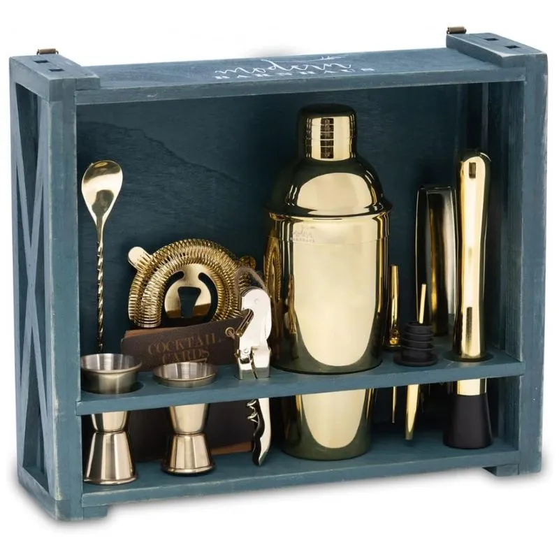 Kit Bartender Profissional 18 Pecas Em Aco Inoxidavel Com Suporte De Madeira, Modern Barnhaus, Dourado