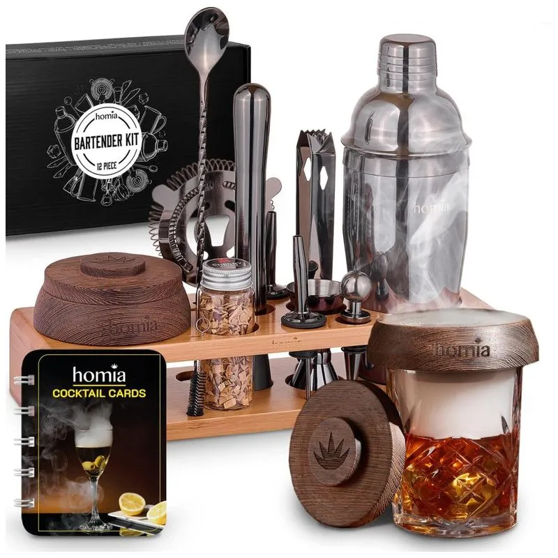 Kit Bartender Profissional 13 Peças Em Aço Inoxidável Com Suporte De Pinho E Defumador De Uísque, Homia, Prata