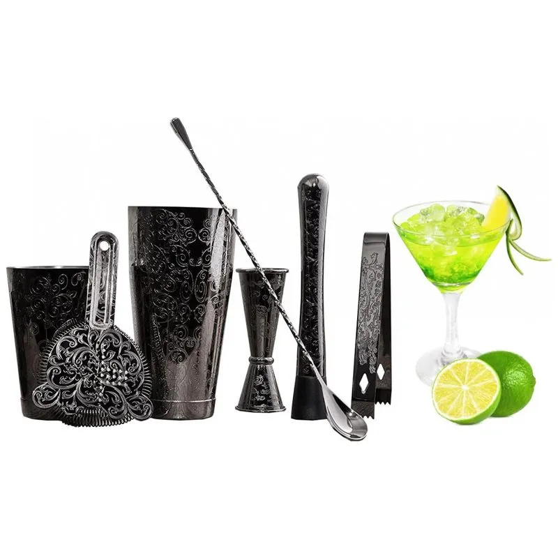 Kit Bartender Profissional 7 Peças Em Aço Inoxidável, Sky Fish, Preto