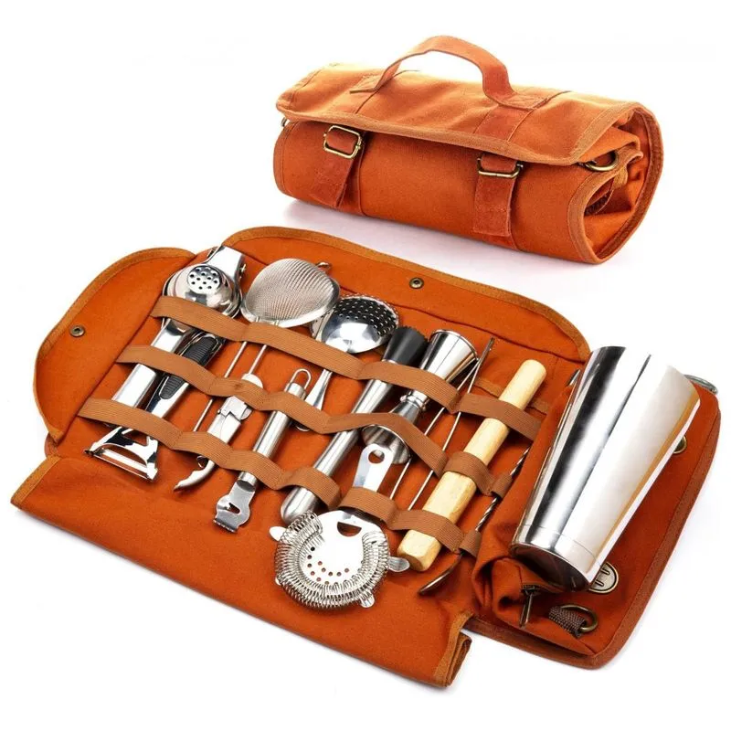 Kit Bartender Profissional 20 Pecas Em Aco Inoxidavel Com Estojo De Couro, Boldworks, Prata